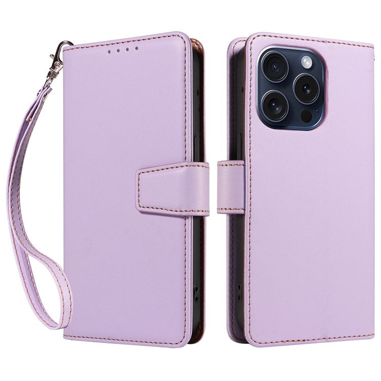 For iPhone 16 Pro Case RFID Blocking PU Leather Wallet Flip Phone Cover with Wrist Strap - Lavender Purple