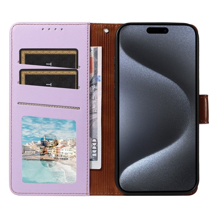For iPhone 16 Pro Case RFID Blocking PU Leather Wallet Flip Phone Cover with Wrist Strap - Lavender Purple