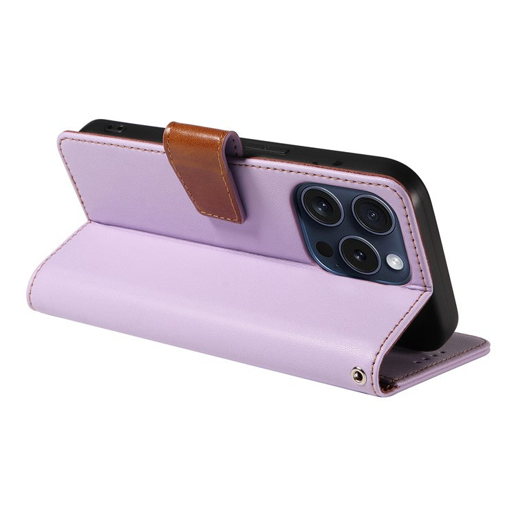For iPhone 16 Pro Case RFID Blocking PU Leather Wallet Flip Phone Cover with Wrist Strap - Lavender Purple