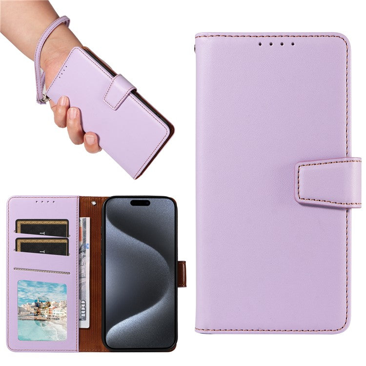 For iPhone 16 Pro Case RFID Blocking PU Leather Wallet Flip Phone Cover with Wrist Strap - Lavender Purple
