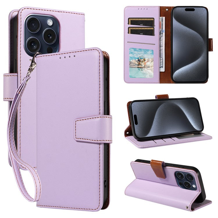 For iPhone 16 Pro Case RFID Blocking PU Leather Wallet Flip Phone Cover with Wrist Strap - Lavender Purple