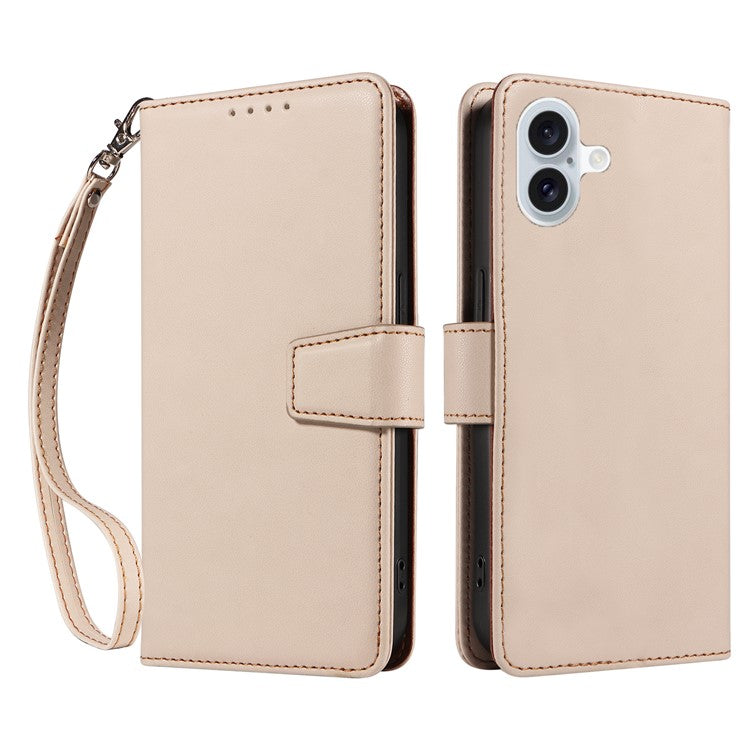 For iPhone 16 Case RFID Blocking PU Leather Wallet Flip Phone Cover with Wrist Strap - Apricot