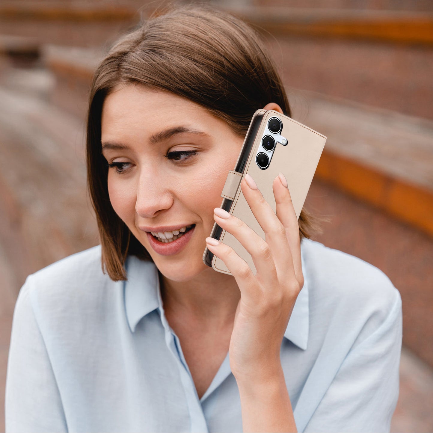 For Samsung Galaxy A16 4G / 5G Case RFID Blocking PU Leather Wallet Flip Phone Cover with Wrist Strap - Apricot