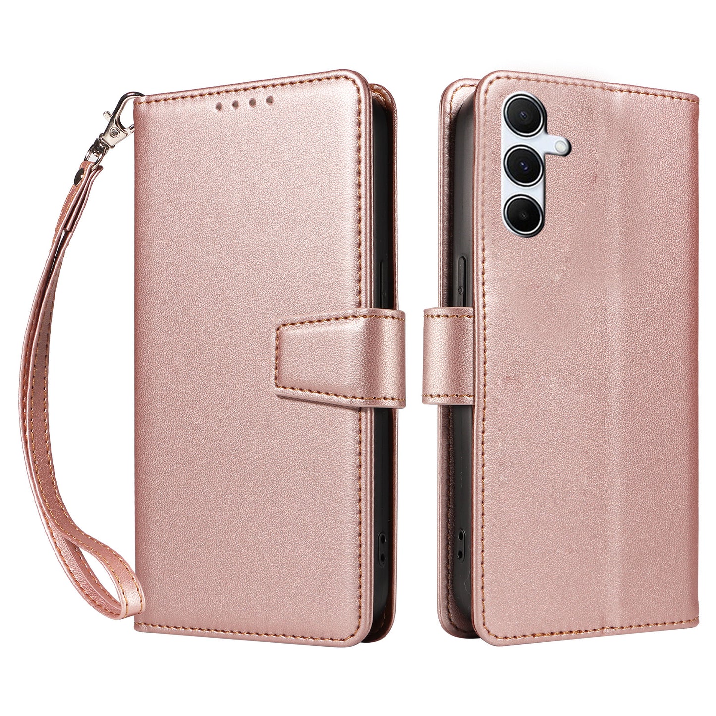 For Samsung Galaxy A16 4G / 5G Case RFID Blocking PU Leather Wallet Flip Phone Cover with Wrist Strap - Rose Gold