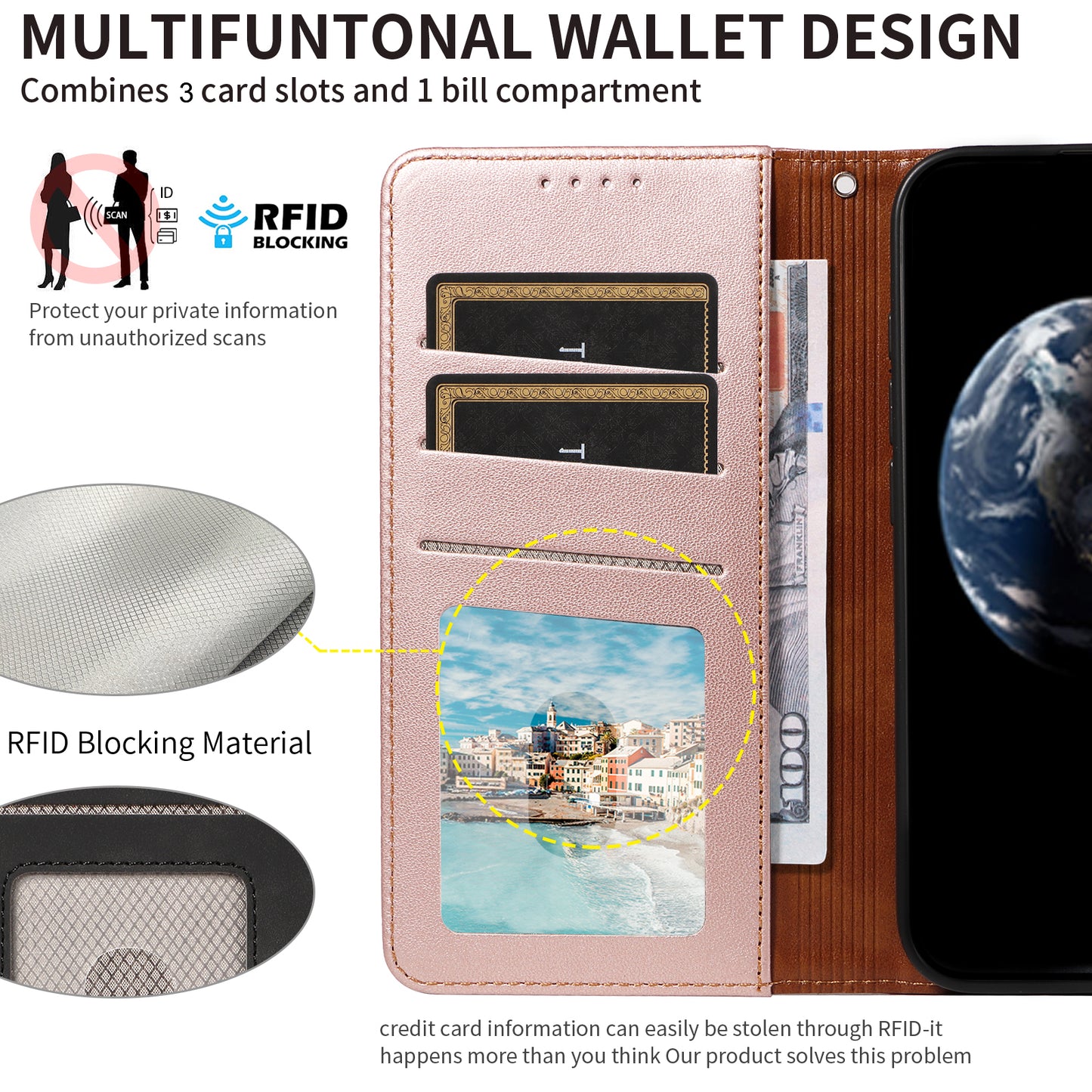 For Samsung Galaxy A16 4G / 5G Case RFID Blocking PU Leather Wallet Flip Phone Cover with Wrist Strap - Rose Gold