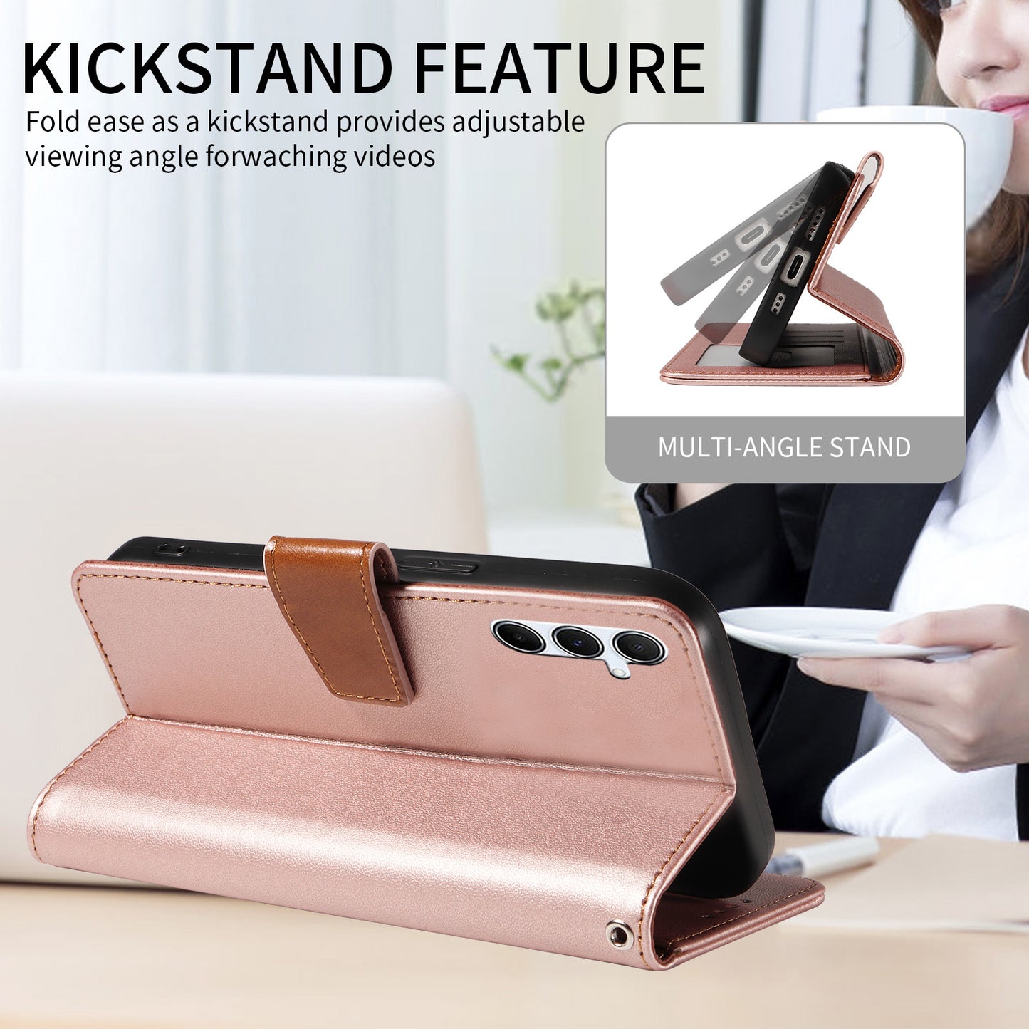 For Samsung Galaxy A16 4G / 5G Case RFID Blocking PU Leather Wallet Flip Phone Cover with Wrist Strap - Rose Gold