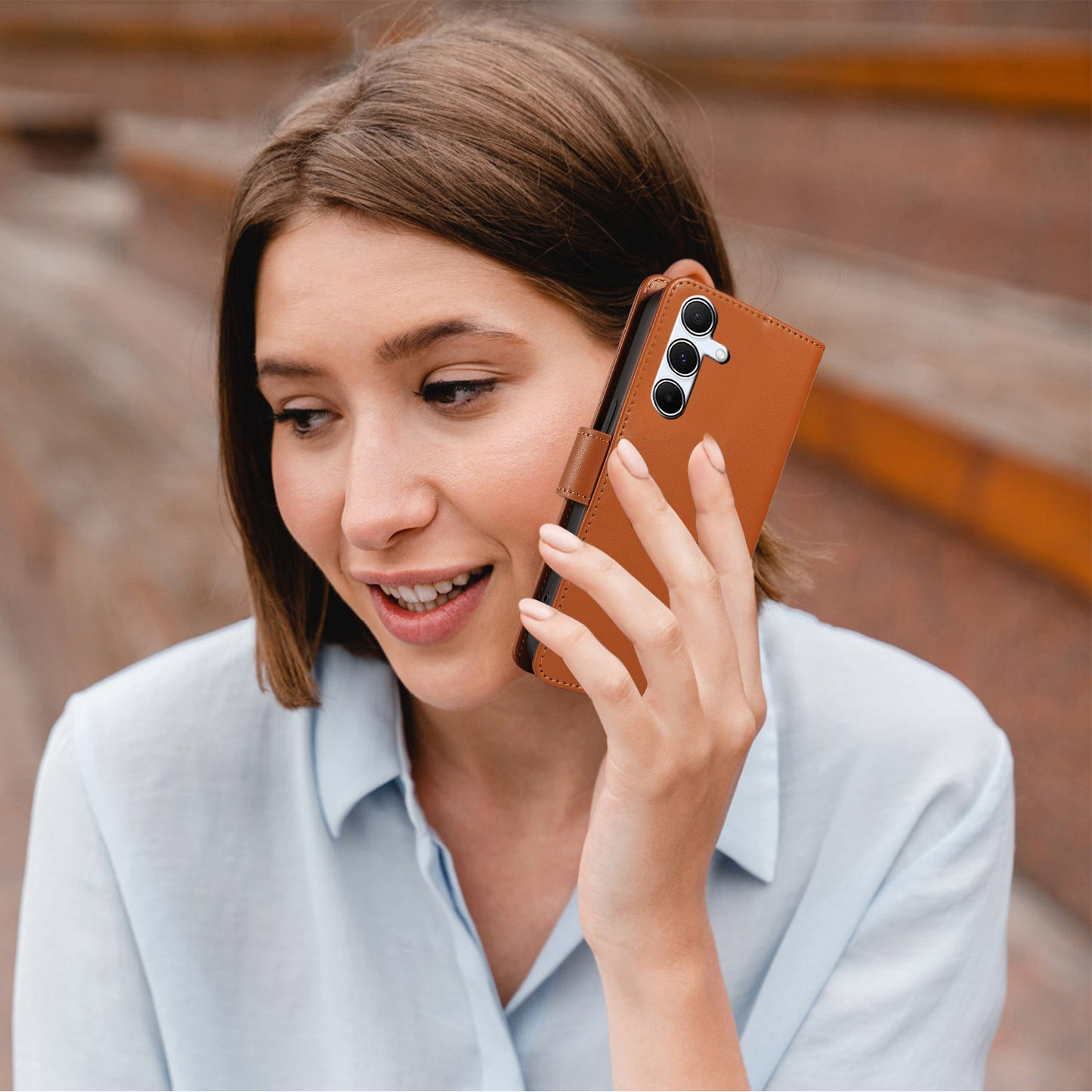 For Samsung Galaxy A16 4G / 5G Case RFID Blocking PU Leather Wallet Flip Phone Cover with Wrist Strap - Light Brown