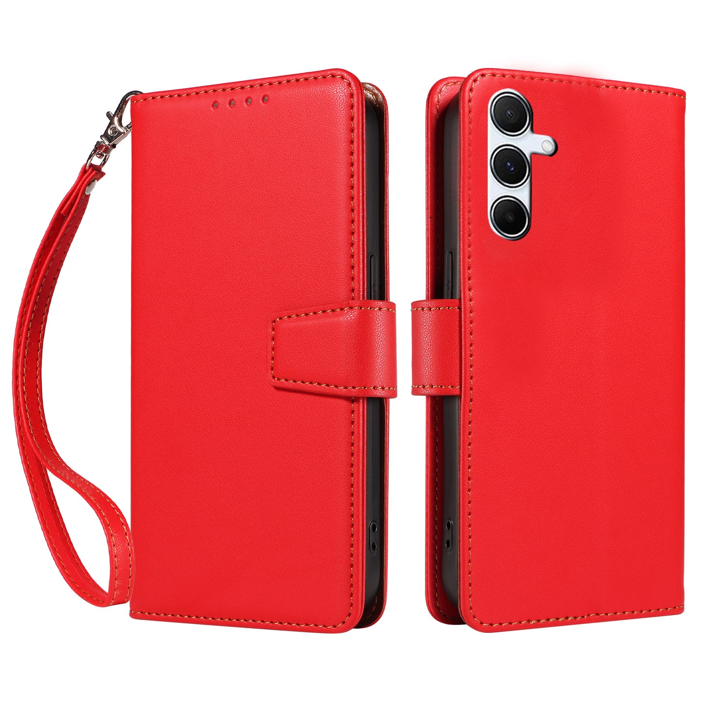 For Samsung Galaxy A16 4G / 5G Case RFID Blocking PU Leather Wallet Flip Phone Cover with Wrist Strap - Red