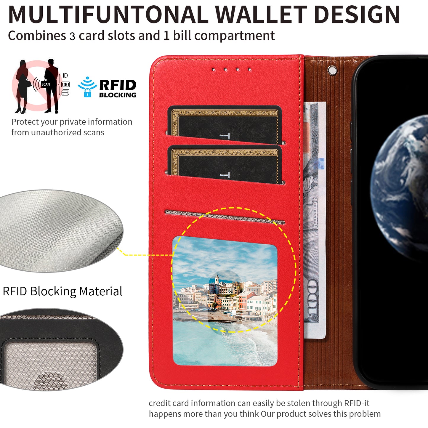 For Samsung Galaxy A16 4G / 5G Case RFID Blocking PU Leather Wallet Flip Phone Cover with Wrist Strap - Red