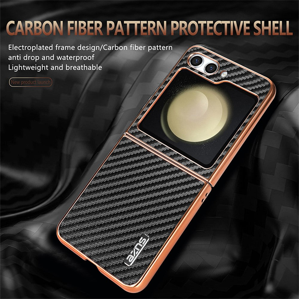 AZNS For Samsung Galaxy Z Flip7 FE 5G / Z Flip6 5G Case Electroplating Carbon Fiber Texture PU+PC Phone Cover - Blue
