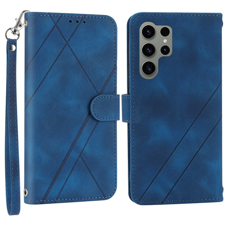 For Samsung Galaxy S25 Ultra Case Imprinted Line Leather Phone Cover with Handy Strap - Blue