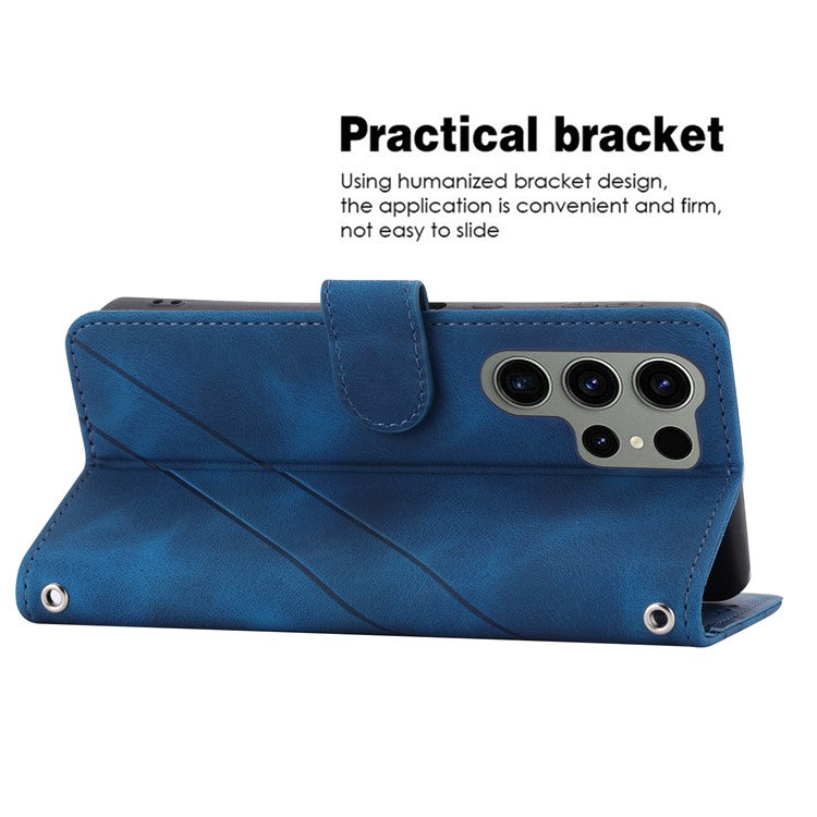 For Samsung Galaxy S25 Ultra Case Imprinted Line Leather Phone Cover with Handy Strap - Blue