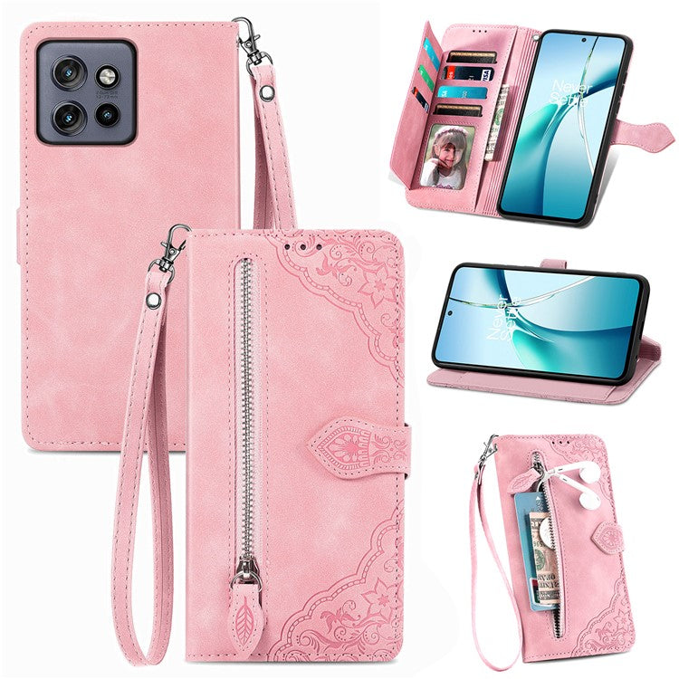 Case For Motorola Edge 50 Neo 5G / Moto S50 5G / Thinkphone 25 5G Zipper Wallet PU Leather Flower Imprint Phone Cover - Pink