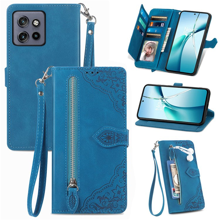 Case For Motorola Edge 50 Neo 5G / Moto S50 5G / Thinkphone 25 5G Zipper Wallet PU Leather Flower Imprint Phone Cover - Blue