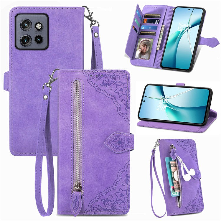 Case For Motorola Edge 50 Neo 5G / Moto S50 5G / Thinkphone 25 5G Zipper Wallet PU Leather Flower Imprint Phone Cover - Light Purple