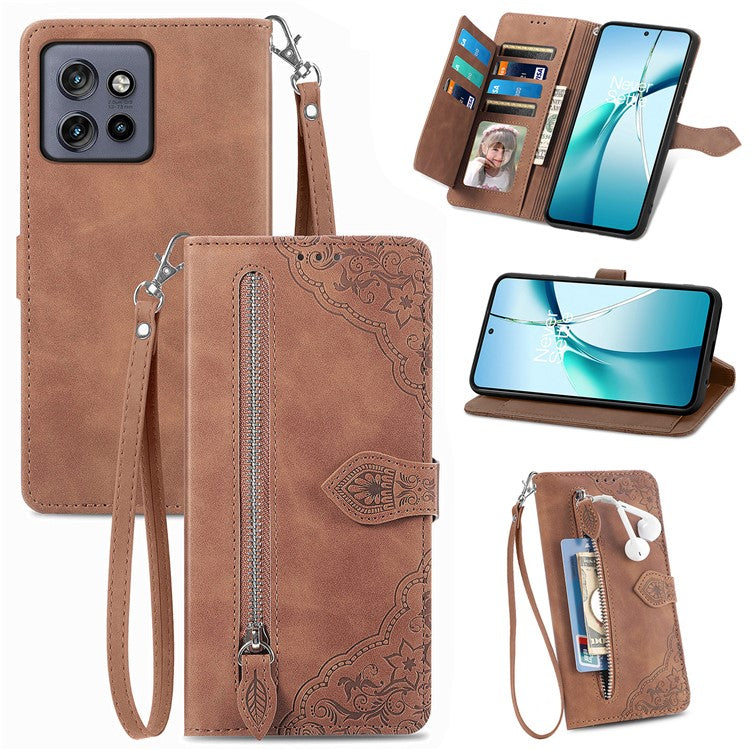 Case For Motorola Edge 50 Neo 5G / Moto S50 5G / Thinkphone 25 5G Zipper Wallet PU Leather Flower Imprint Phone Cover - Brown