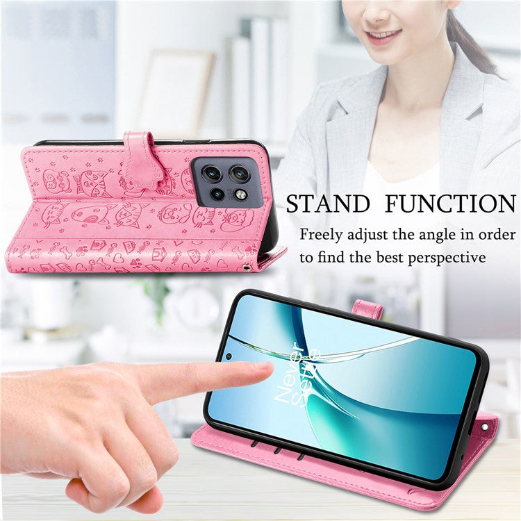 For Motorola Edge 50 Neo 5G Case Leather Wallet Flip Phone Cover Cute Cat Dog Pattern - Pink