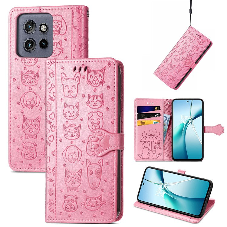 For Motorola Edge 50 Neo 5G Case Leather Wallet Flip Phone Cover Cute Cat Dog Pattern - Pink