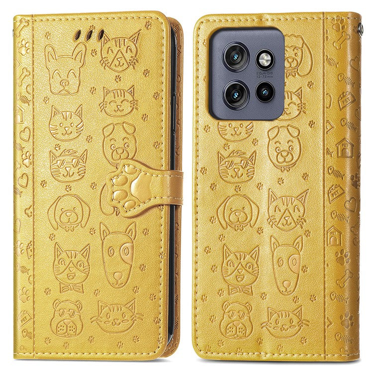 For Motorola Edge 50 Neo 5G Case Leather Wallet Flip Phone Cover Cute Cat Dog Pattern - Yellow