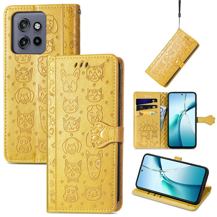 For Motorola Edge 50 Neo 5G Case Leather Wallet Flip Phone Cover Cute Cat Dog Pattern - Yellow