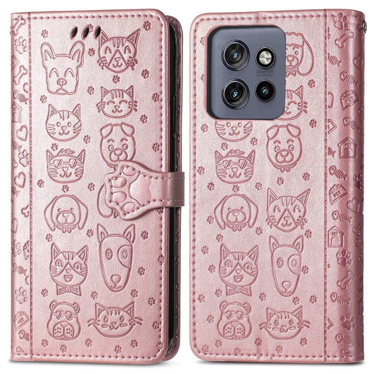 For Motorola Edge 50 Neo 5G Case Leather Wallet Flip Phone Cover Cute Cat Dog Pattern - Rose Gold