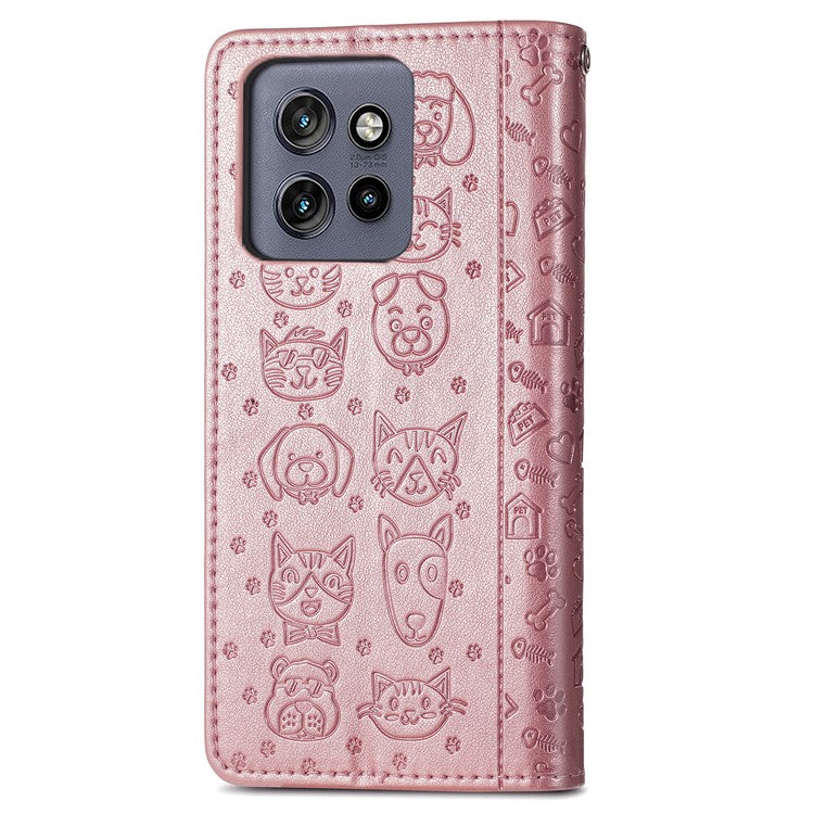 For Motorola Edge 50 Neo 5G Case Leather Wallet Flip Phone Cover Cute Cat Dog Pattern - Rose Gold