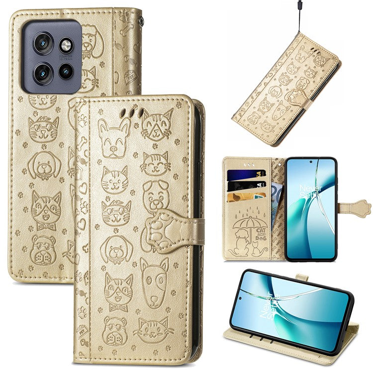 For Motorola Edge 50 Neo 5G Case Leather Wallet Flip Phone Cover Cute Cat Dog Pattern - Gold