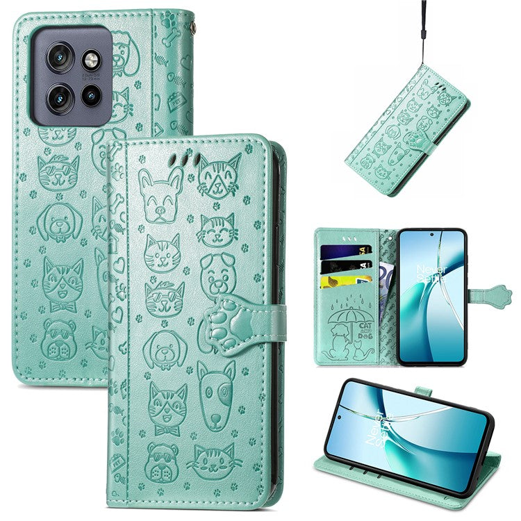 For Motorola Edge 50 Neo 5G Case Leather Wallet Flip Phone Cover Cute Cat Dog Pattern - Green