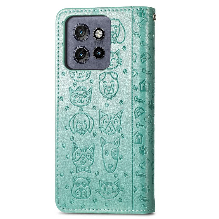 For Motorola Edge 50 Neo 5G Case Leather Wallet Flip Phone Cover Cute Cat Dog Pattern - Green