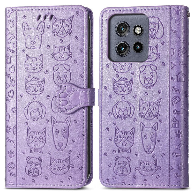 For Motorola Edge 50 Neo 5G Case Leather Wallet Flip Phone Cover Cute Cat Dog Pattern - Light Purple
