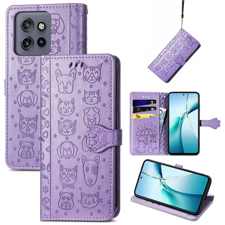For Motorola Edge 50 Neo 5G Case Leather Wallet Flip Phone Cover Cute Cat Dog Pattern - Light Purple