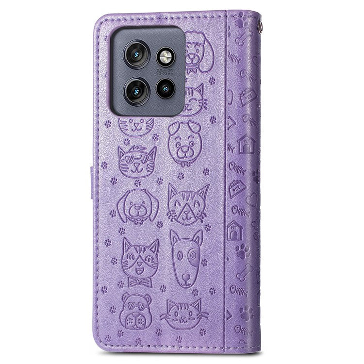 For Motorola Edge 50 Neo 5G Case Leather Wallet Flip Phone Cover Cute Cat Dog Pattern - Light Purple