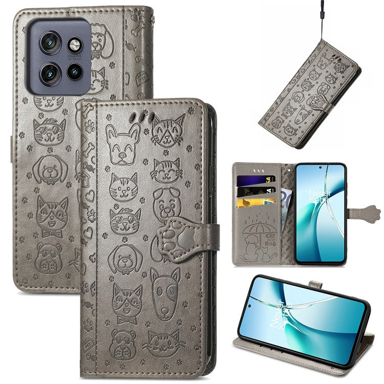 For Motorola Edge 50 Neo 5G Case Leather Wallet Flip Phone Cover Cute Cat Dog Pattern - Grey