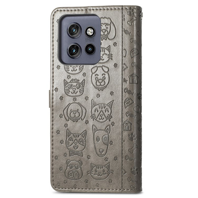 For Motorola Edge 50 Neo 5G Case Leather Wallet Flip Phone Cover Cute Cat Dog Pattern - Grey