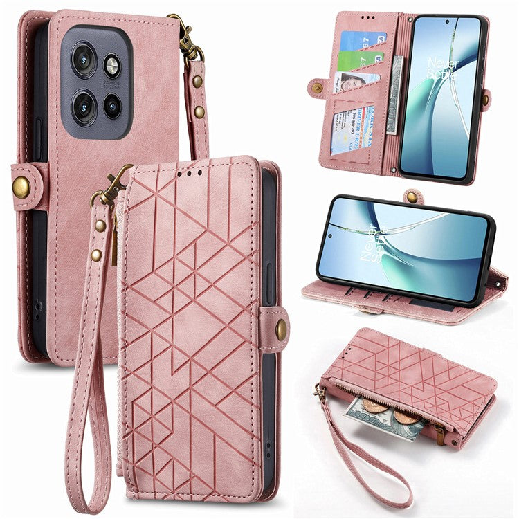 For Motorola Edge 50 Neo 5G / Moto S50 5G / Thinkphone 25 5G Case Zipper Wallet Geometry Lines Leather Phone Cover - Pink