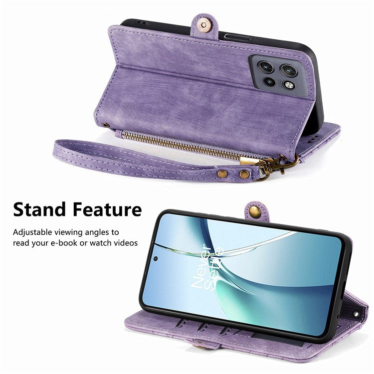 For Motorola Edge 50 Neo 5G / Moto S50 5G / Thinkphone 25 5G Case Zipper Wallet Geometry Lines Leather Phone Cover - Light Purple