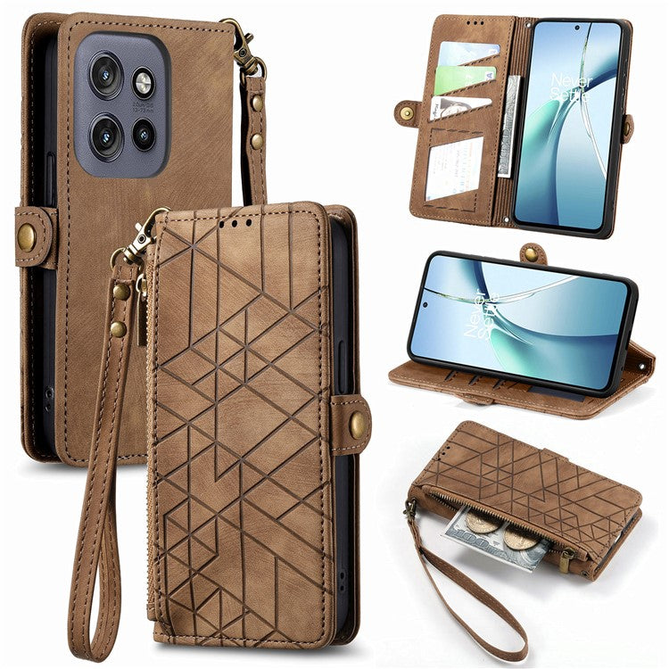 For Motorola Edge 50 Neo 5G / Moto S50 5G / Thinkphone 25 5G Case Zipper Wallet Geometry Lines Leather Phone Cover - Brown