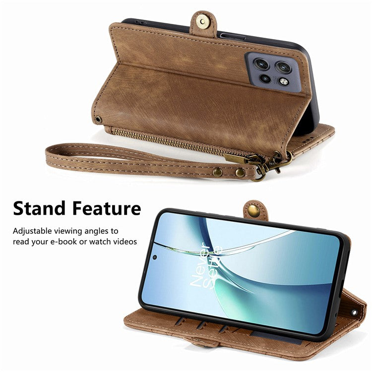 For Motorola Edge 50 Neo 5G / Moto S50 5G / Thinkphone 25 5G Case Zipper Wallet Geometry Lines Leather Phone Cover - Brown