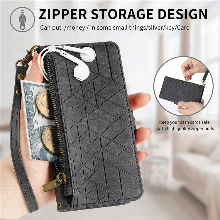 For Motorola Edge 50 Neo 5G / Moto S50 5G / Thinkphone 25 5G Case Zipper Wallet Geometry Lines Leather Phone Cover - Black