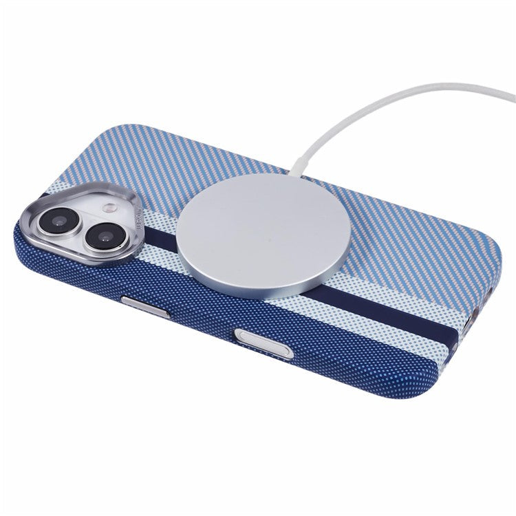 For iPhone 16 Plus Case Compatible with MagSafe Carbon Fiber Texture Water-Transfer PC Phone Cover - Blue Vertical Stripes