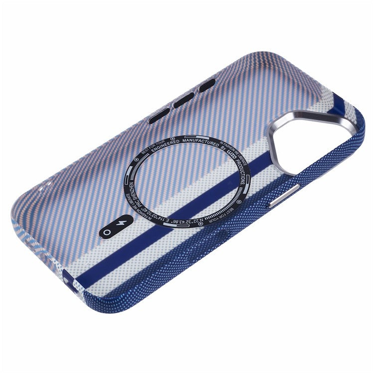 For iPhone 16 Plus Case Compatible with MagSafe Carbon Fiber Texture Water-Transfer PC Phone Cover - Blue Vertical Stripes