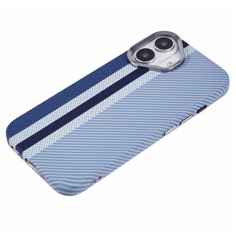 For iPhone 16 Plus Case Compatible with MagSafe Carbon Fiber Texture Water-Transfer PC Phone Cover - Blue Vertical Stripes