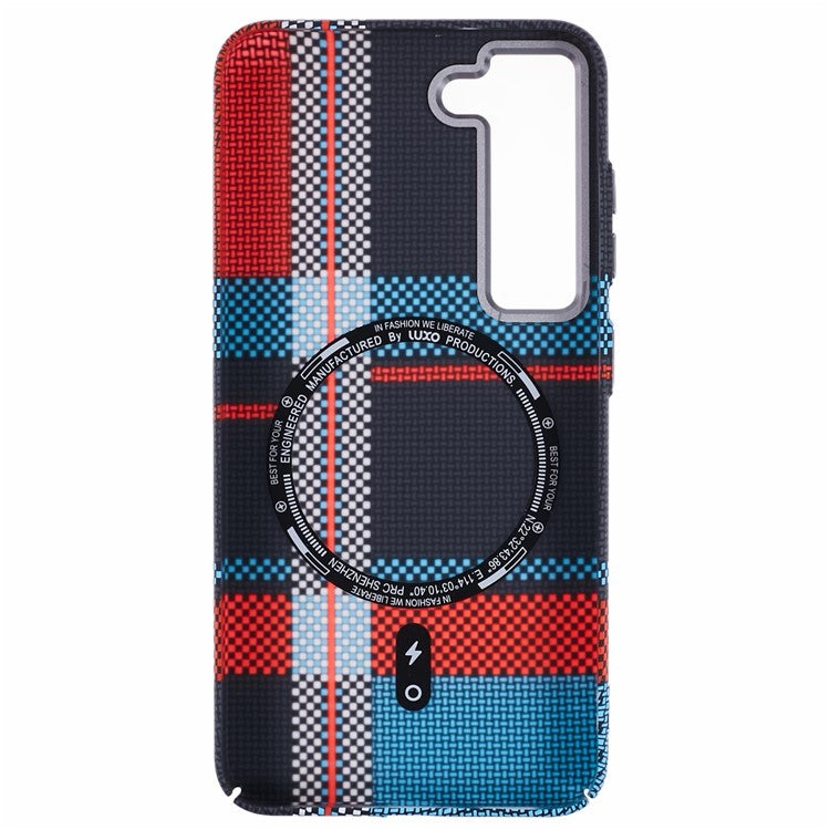 For Samsung Galaxy S23+ Case Compatible with MagSafe Carbon Fiber Texture Water-Transfer PC Phone Cover - Red+Blue Checkered Pattern