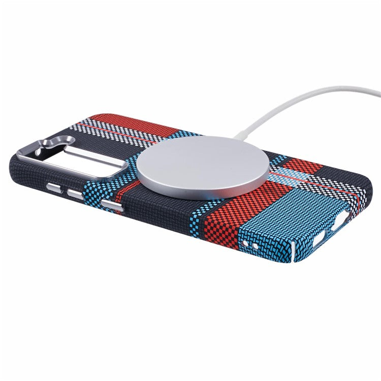 For Samsung Galaxy S23+ Case Compatible with MagSafe Carbon Fiber Texture Water-Transfer PC Phone Cover - Red+Blue Checkered Pattern