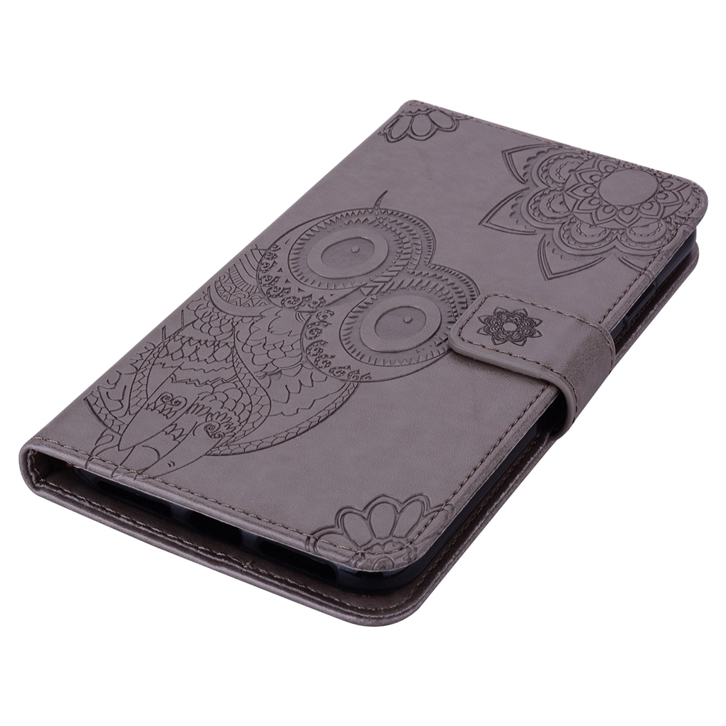 For Samsung Galaxy A06 Case Owl Flower Imprinted Leather Cover Wallet with Strap - Grey