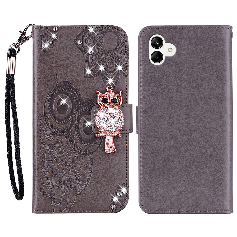 For Samsung Galaxy A06 Wallet Case Owl Flower Imprinted Rhinestone Leather Cover - Grey
