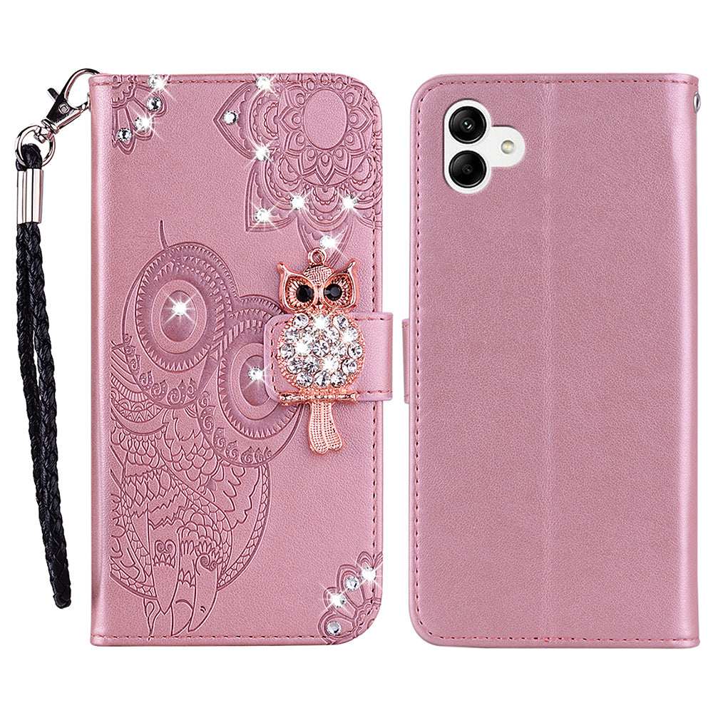 For Samsung Galaxy A06 Wallet Case Owl Flower Imprinted Rhinestone Leather Cover - Rose Gold