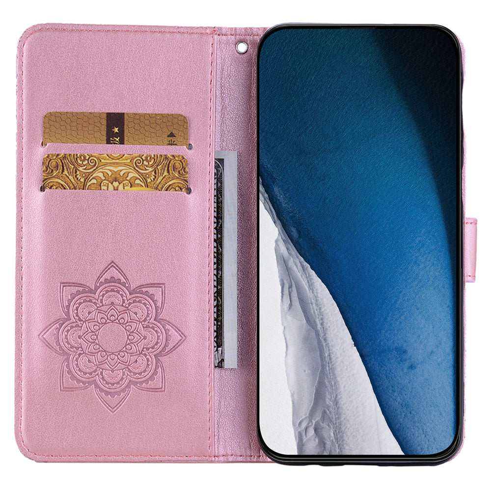 For Samsung Galaxy A06 Wallet Case Owl Flower Imprinted Rhinestone Leather Cover - Rose Gold