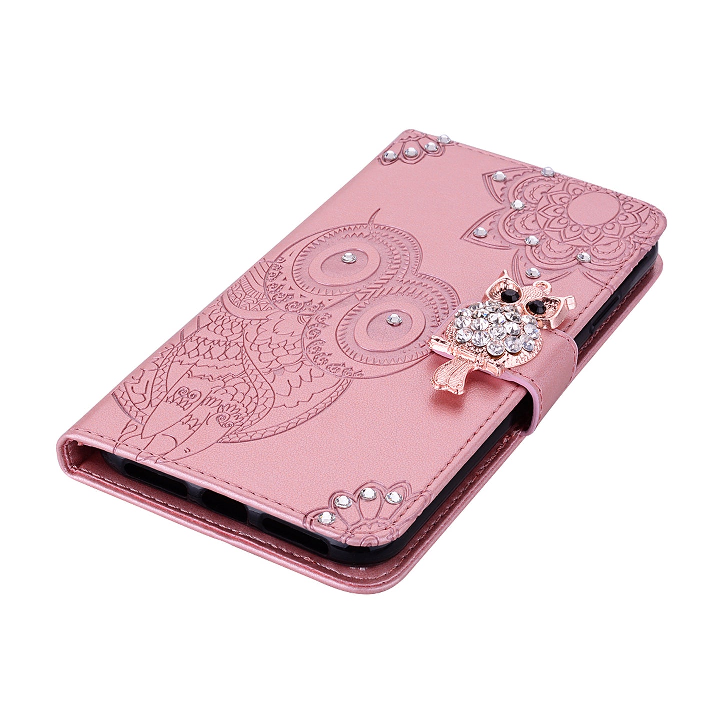 For Samsung Galaxy A06 Wallet Case Owl Flower Imprinted Rhinestone Leather Cover - Rose Gold