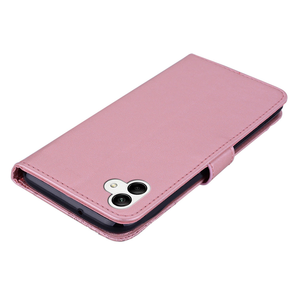 For Samsung Galaxy A06 Wallet Case Owl Flower Imprinted Rhinestone Leather Cover - Rose Gold